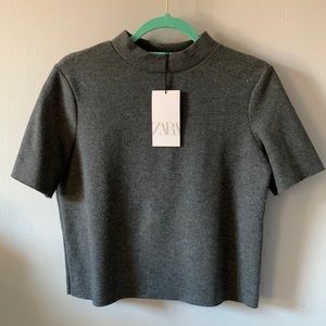 Grey Zara knit mock neck short sleeve top